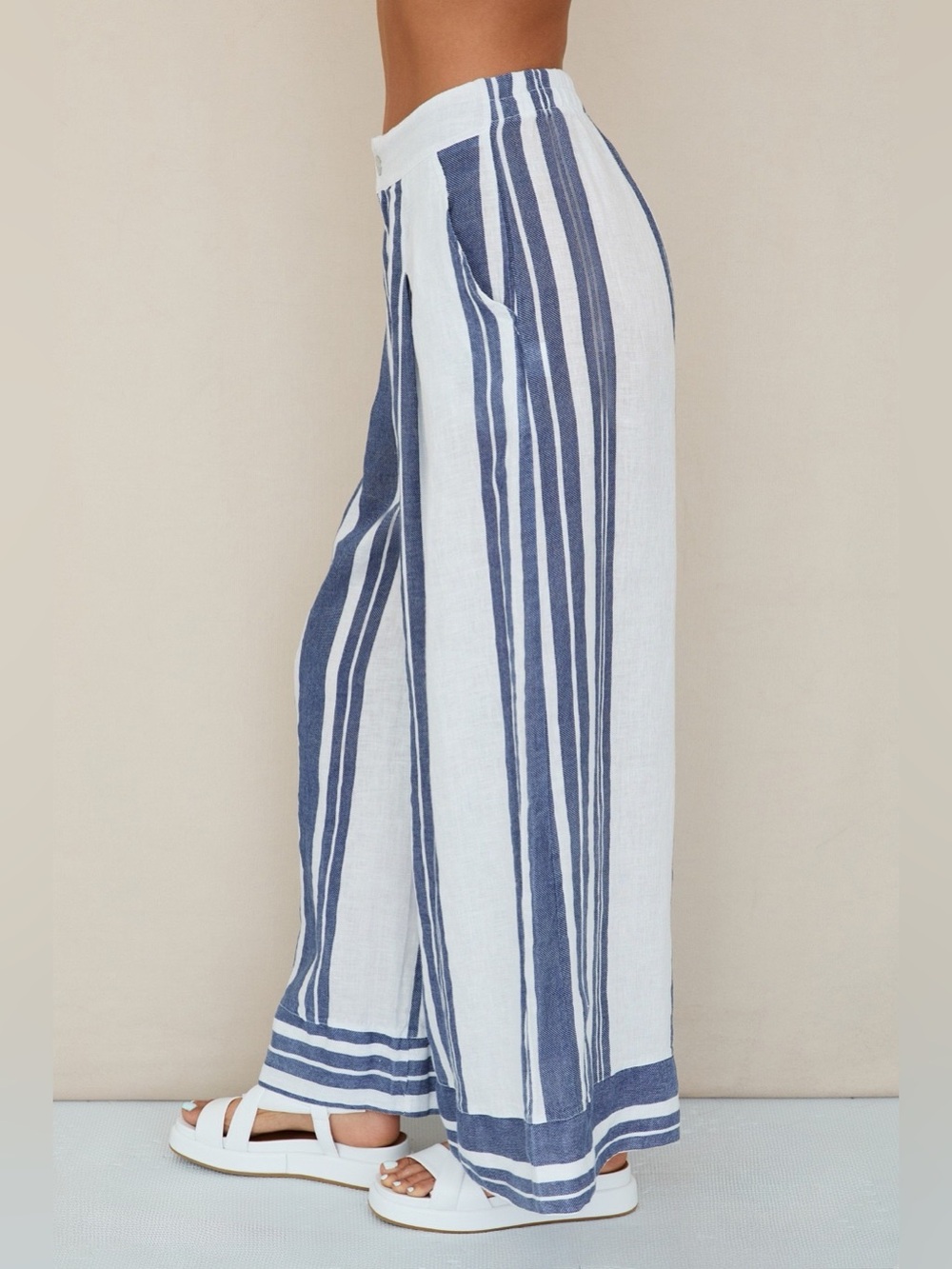 (154018-1-STRIPE-W/N) STRIPE LINEN WIDE LEG PLAZZO PANTS - Picture 2 of 5